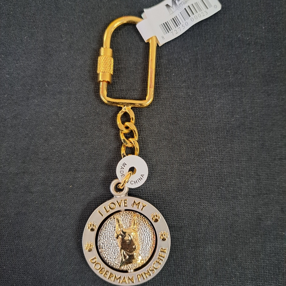 Doberman Dog Spinning Goldtone Keychain NEW